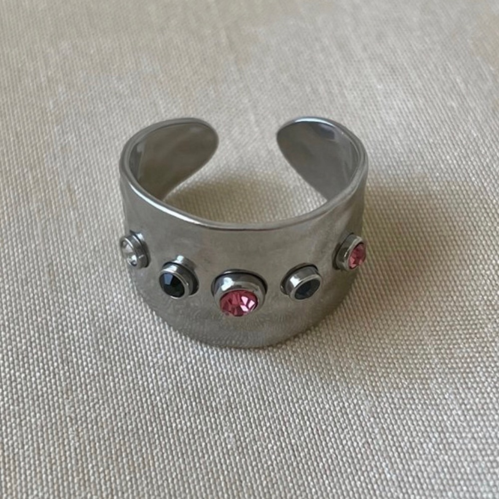 New Free People Silver Textured Open Cuff Cubic Zirconia Statement Ring - Picture 7 of 16